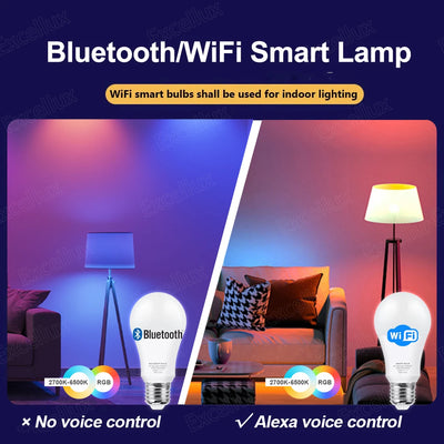 Tuya E27 Led Bulb Bluetooth WiFi Smart Led Lamp App Control 15W RGB C+W Led Light Bulbs Works With Amazon Alexa Google Assistant