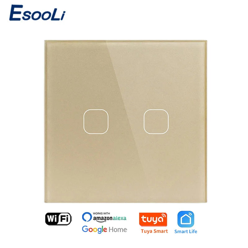 EsooLi Tuya Smart Life Glass Panel EU/UK Standard Touch Switch Zero/Single Fire Line Voice Control Light Wireless Wall Switch