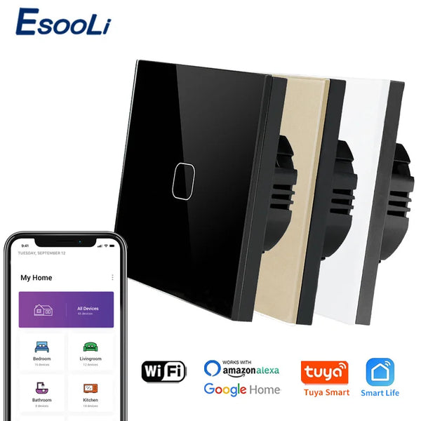 EsooLi Tuya Smart Life Glass Panel EU/UK Standard Touch Switch Zero/Single Fire Line Voice Control Light Wireless Wall Switch