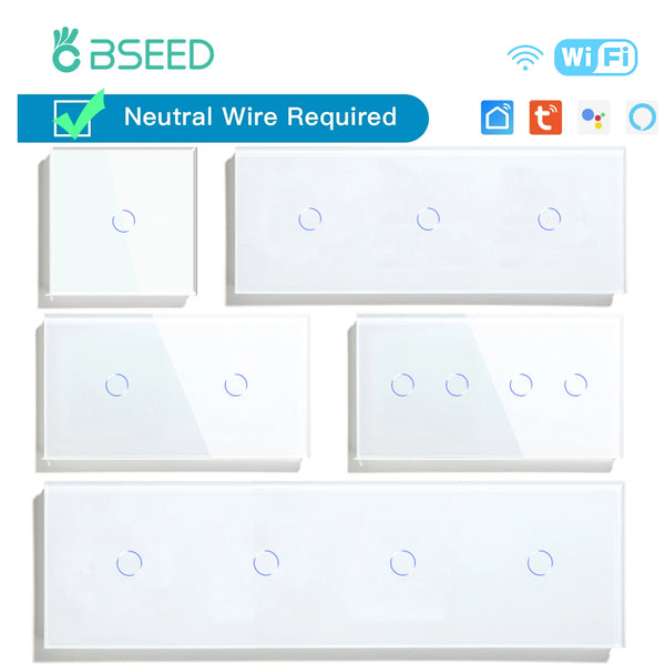 BSEED WIFI Touch Switches Series Wall Smart Light Switches Blue LED Backlight Glass Sensor Screen Tuya APP Switches EU Standard