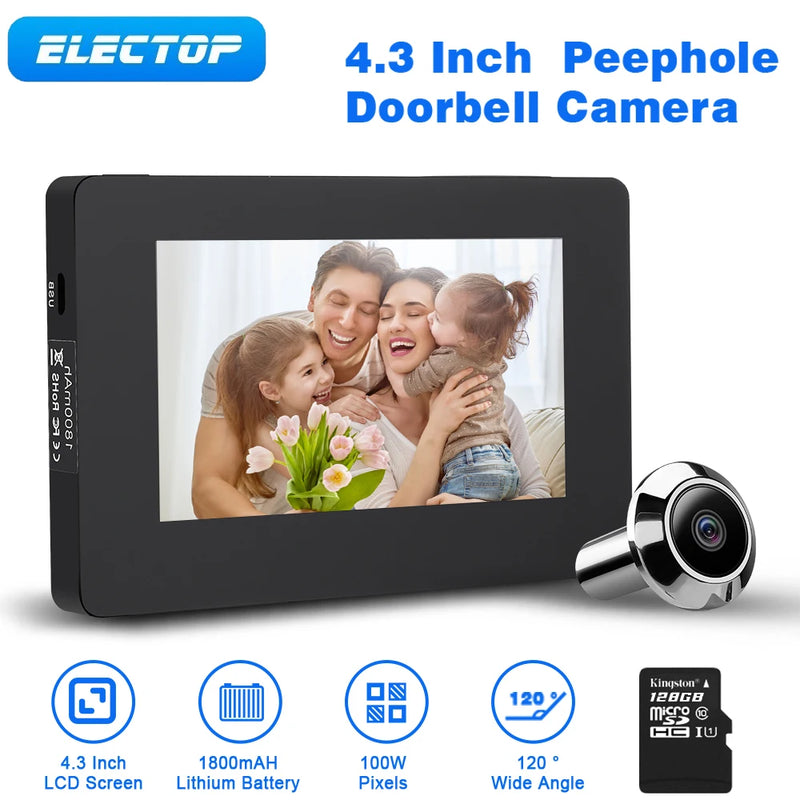 ELECTOP 4.3 Inch Video Doorbell Camera Monitor Smart Home 100W Pixels 120° LCD Cat Eye Peephole Door Viewer Security Protection