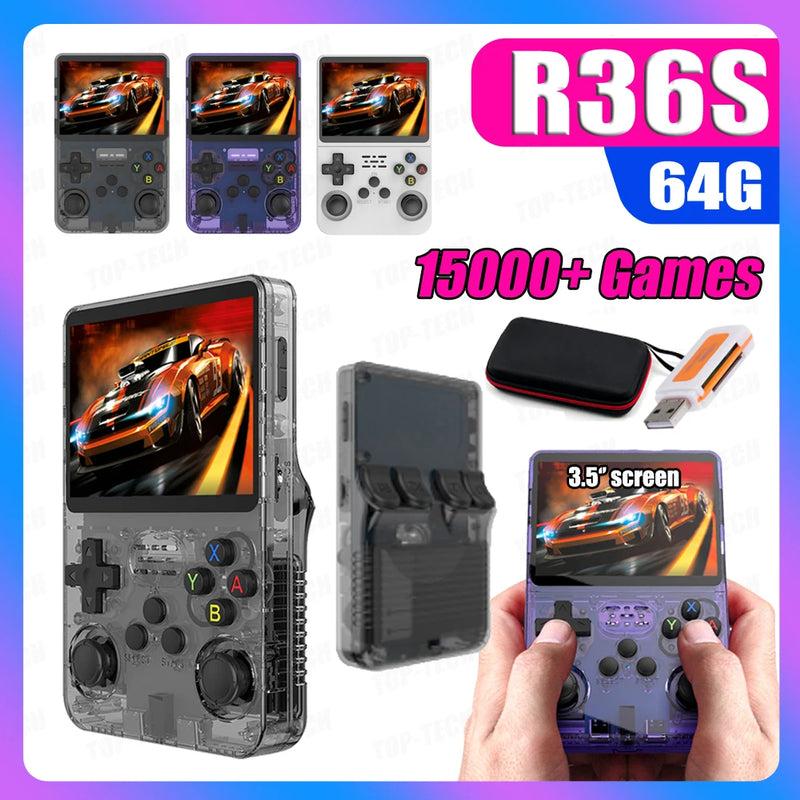 R36S Handheld Game Console 64GB TF Card 10000+ Games 3.5" IPS Screen Linux System R36s Case Portable Pocket Retro Video Player