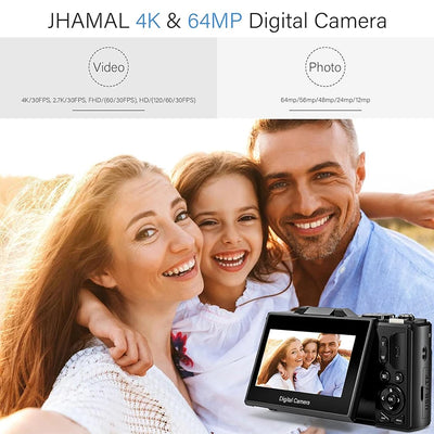 4K Digital Camera Auto-Focus Point and Shoot Digital Cameras 64MP 3.0 inch Screen 18X Zoom for YouTube Compact Digital Camera