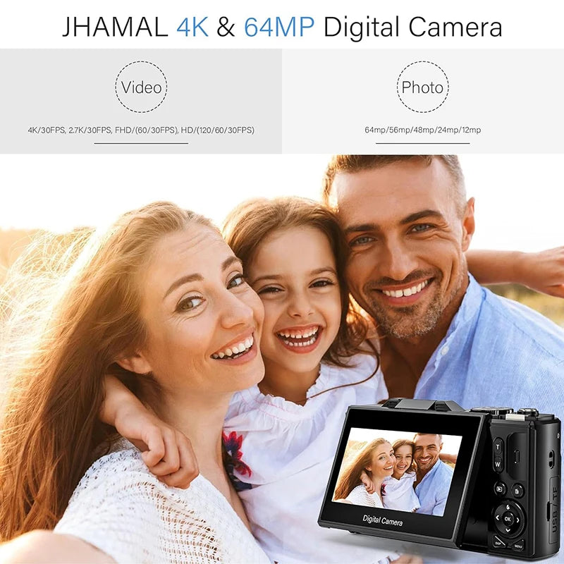 4K Digital Camera Auto-Focus Point and Shoot Digital Cameras 64MP 3.0 inch Screen 18X Zoom for YouTube Compact Digital Camera