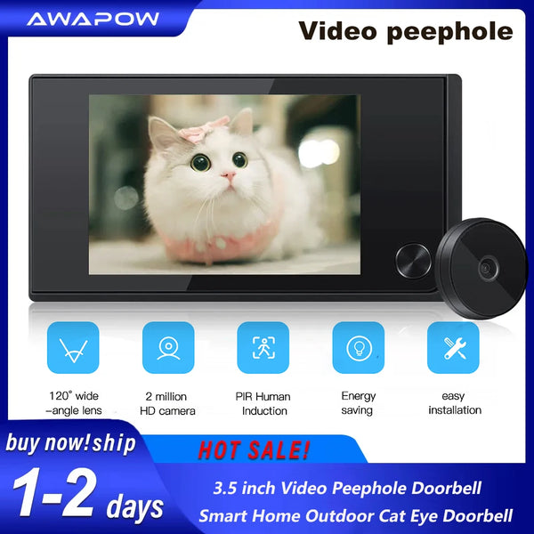 Awapow 3.5 Inch Video Peephole Doorbell Camera 120° Door Viewer Cat Eye Smart Home Outdoor Motion Detection for Home Security