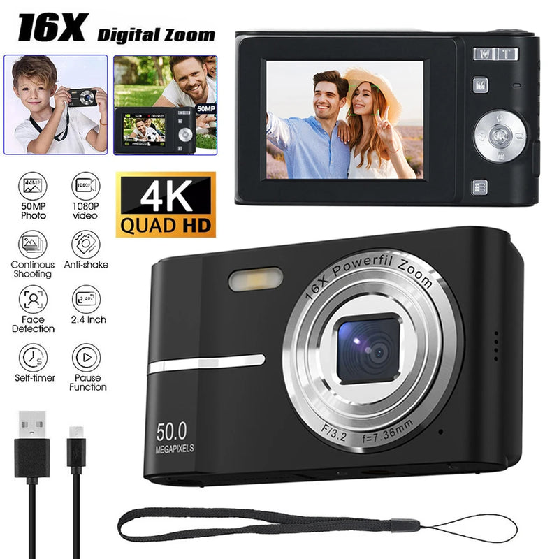 FHD 4K Digital Camera For Kids  2.4 Inch IPS AF face detection flash 16X Digital Zoom Compact Point Shoot Camera For Students