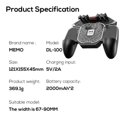 MEMO DL100 Mobile Phone 6 Fingers PUBG Gamepad Joysticks Controller Built-in Battery with Semiconductor Radiator for IOS Android