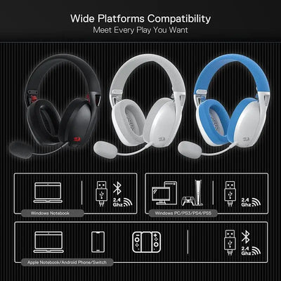 Redragon H848 Headset Bluetooth Wireless Gaming Lightweight 7.1 Surround Sound 40MM Drivers Detachable Microphone Multi Platform