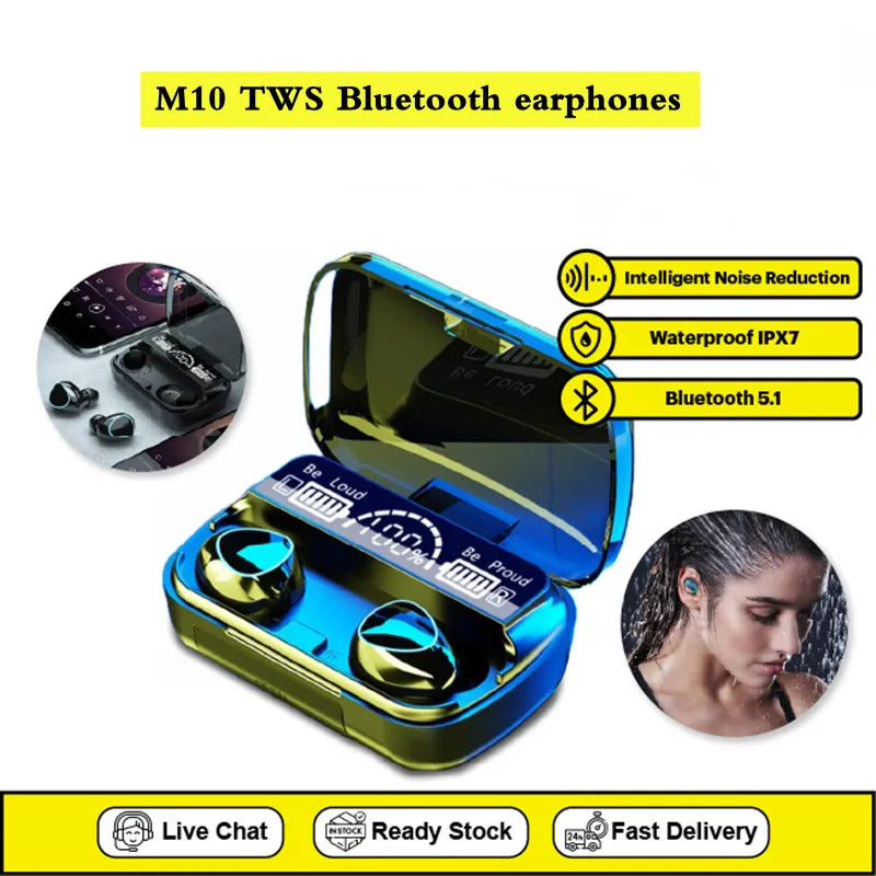 M10 TWS Fone Bluetooth Headphones with Mic Earbuds 3000Mah Charger Box Wireless Earphones LED Display Wireless Bluetooth Headset