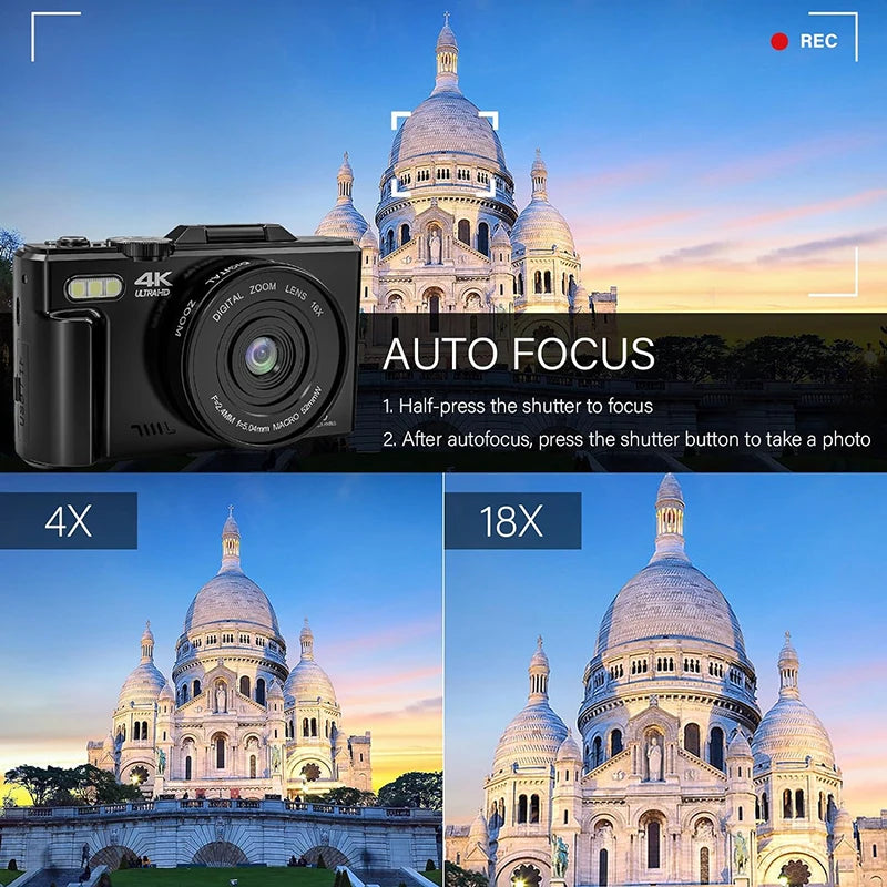 4K Digital Camera Auto-Focus Point and Shoot Digital Cameras 64MP 3.0 inch Screen 18X Zoom for YouTube Compact Digital Camera