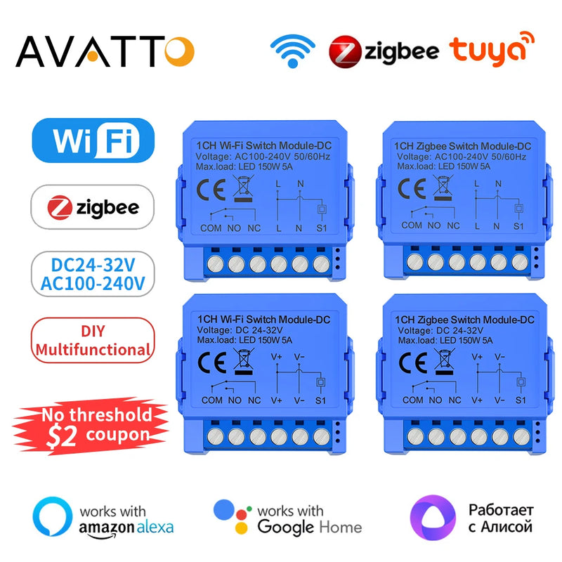 AVATTO Tuya WiFi/ZigBee Smart Switch Module DC 24-32V/AC 100-240V Dry Contact Universal Breaker Relay Support Alexa Google Home