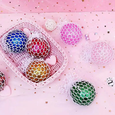 Kid Adult TPR Hand Squishy Ball with Net Rainbow Slime Glow Stress Relief Toy Squeeze Mesh Glitter Gel Bead Sensory Fidget Gfit