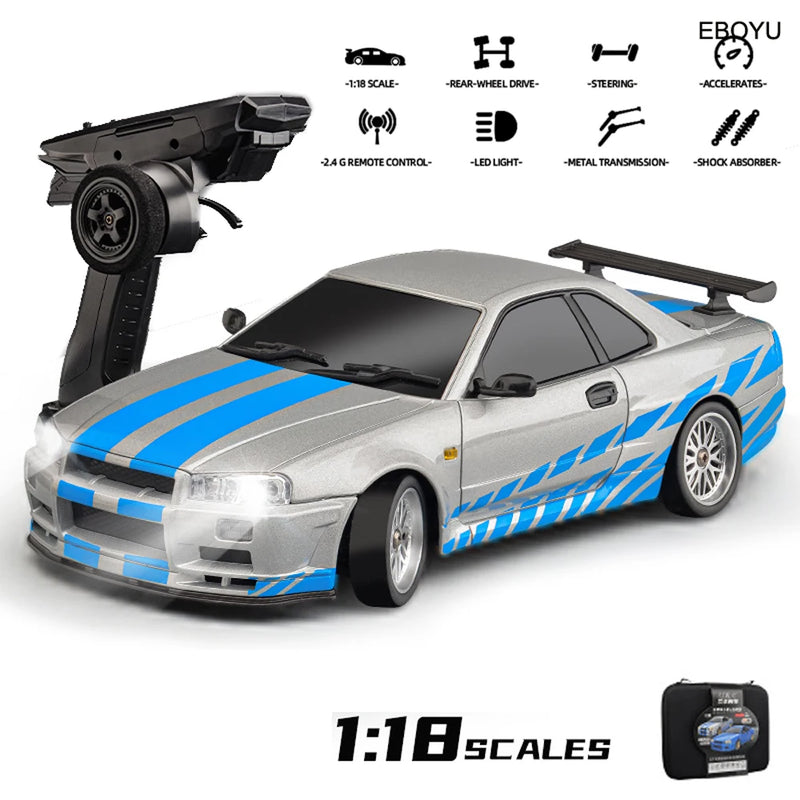 EBOYU LDRC 1899 RC Drift Car 1/18 Full Proportional 2.4G RWD GTR R34 w/ Gyro LED Light On-Road Alloy Body Shell Racing Car Toys