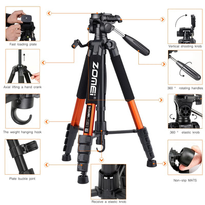 187cm/73.6in Tall Zomei Aluminum Alloy Portable Tripod for Camera DSLR Canon Nikon, 360 Degree Panorama Photography Phone Stand