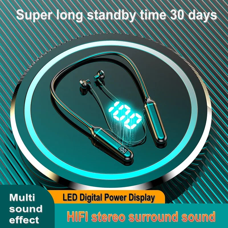 Sports Neckband Headphones Bluetooth Earphones Gaming LED Battery Display Wireless Mic Stereo HIFI TWS Headset Support TF Cards