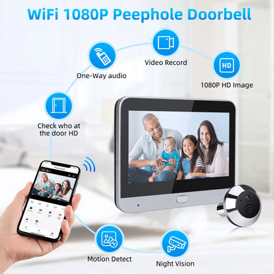 Camluxy Tuya 4.3 Inch Wifi Door Peephole Camera Wireless Doorbell For Home 1080p 120° Wide Angle PIR Motion Security-Protection