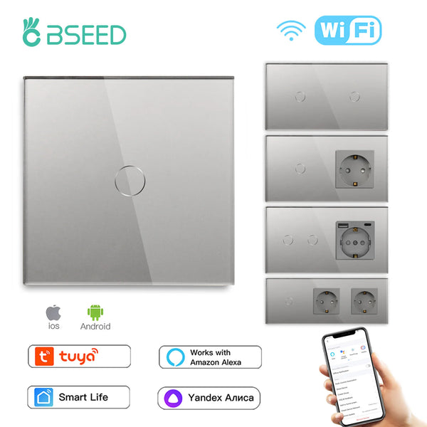 BSEED Wifi 1/2/3Gang touch switches 1/2/3way Wall Light Switch Tuya Smart Life Control With EU Socket USB Electric Power Socket