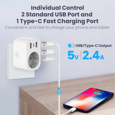 Tuya Wifi Smart Socket 16A EU Plug with Type C Charger Port Smart Home Appliance Socket Extension Adapter Work with Alexa Google