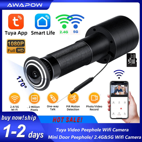 Awapow Tuya Video Peephole Camera Wifi Mini Door Eye Viewer 1080P HD Wireless Motion Detection Smart Home Security Auto Record