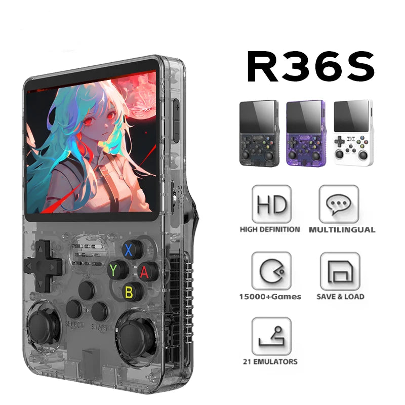 R36S Retro Handheld Video Game Console Linux System 3.5-inch IPS Screen Portable Handheld Video Player 64GB 15000 Games